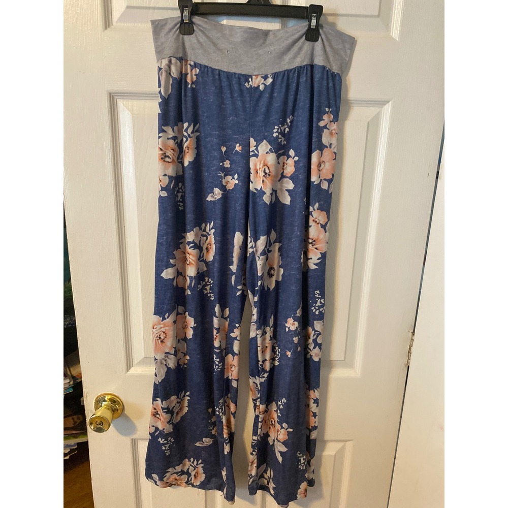 Floral Wide Leg Lounge Pants Blue Peach Grey Waistband Pajama Bottoms L/XL